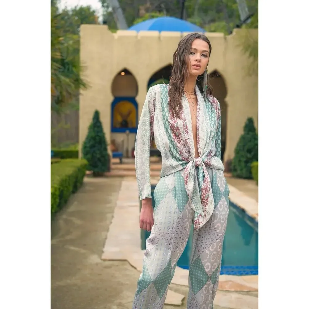 Saint Tropez Satin Jumpsuit Womens Size large Cutout Tie Sexy Boho L